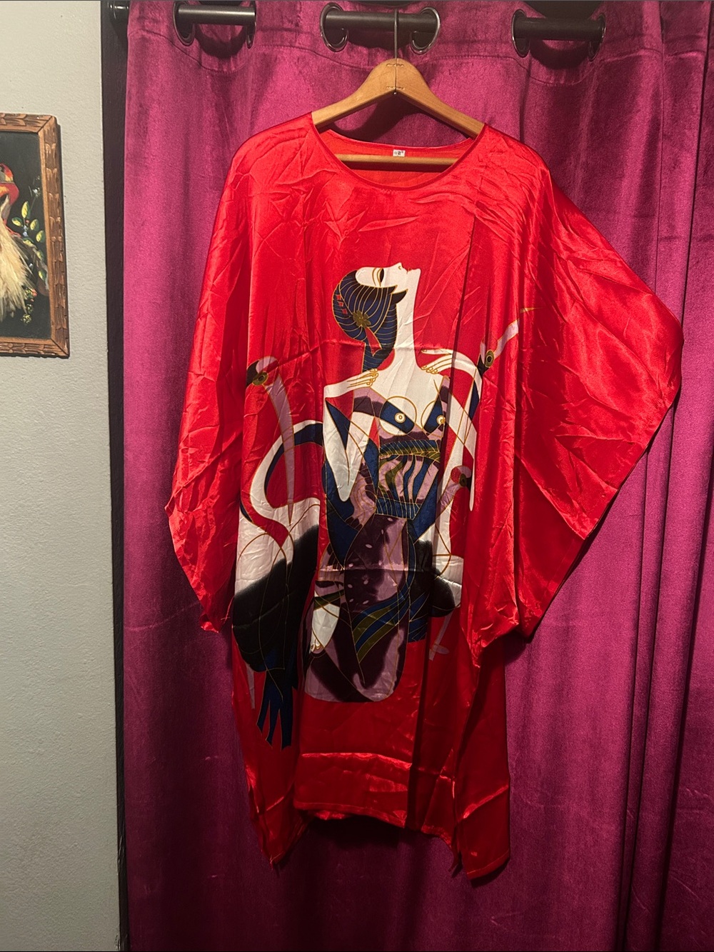 Red Satin Long-Sleeve Graphic Kaftan Dress by